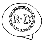 Wine bottle seal with initials RD inside a beaded border.  R & D separated by a small dot, 45 mm diameter, from 18PR705.
